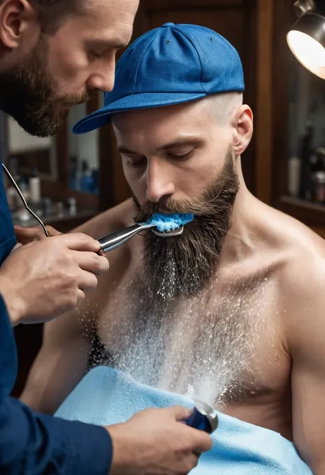 A captivating and realistic high-resolution half-face photo of a thinly bearded man, skillfully being shaved by a miniature barber wearing a cap. The barber wields a blue razor with a metal handle resembling a guillotine shaver, working diligently from the...