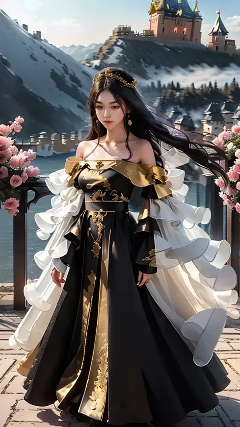 Girl in traditional Chinese clothing, Hanfu, Guzhen Hanfu women, White Hanfu,(long straight black hair:1.5), black eyes, black bun hairstyle, hair accessories ,gold long earrings, , Dia Necklace, Clear eyes, Facing forward,put on makeup, Long eyelashes ,(b...