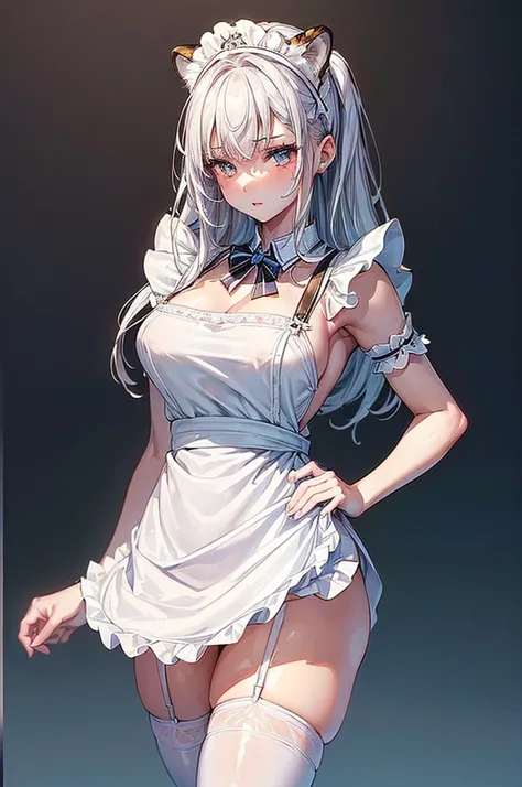 ((highest quality)),(ultra high resolution),(Super detailed),(detailed description),((best CG)),(best work of art),super precision art, great drawing art,(Art with precise details:1.5), ( simple form-fitting French maid uniform with a white apron and white...