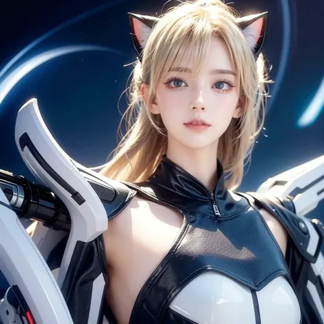 smile、Cat ear、Blonde、Futuristic、Cyber Sense、Left hand waving pose、Real、フォトReal、High resolution、Robot cockpit。