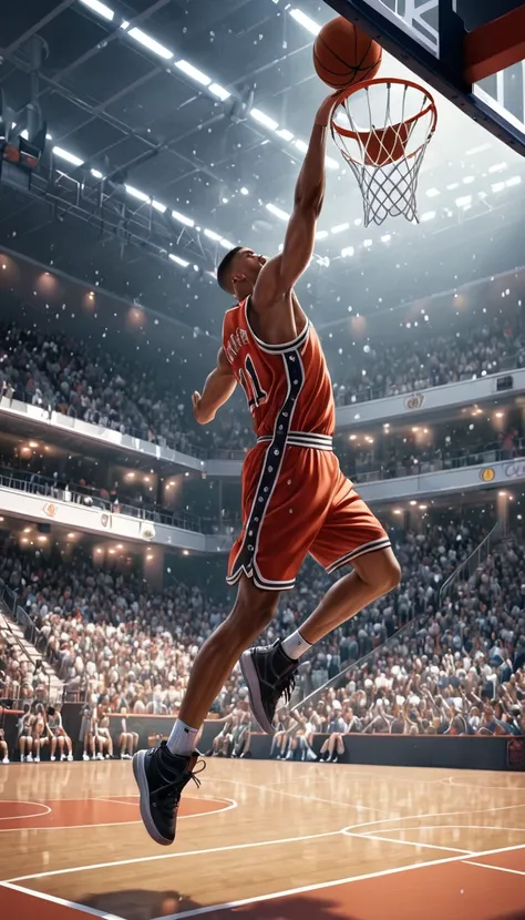 solo，a basketball player dunking a basketball,ultra-detailed,8k,hyperrealistic,dynamic pose,extreme sport action,court background,sweat droplets,muscular physique,intense facial expression,rim of the basketball hoop,basketball net,crowd in the background,b...