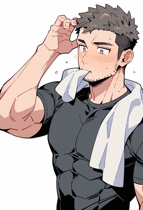 anime characters：priapus, muscle sports student, manliness, male focus, dark black tight t-shirt, very tight, sweat soaks clothe...