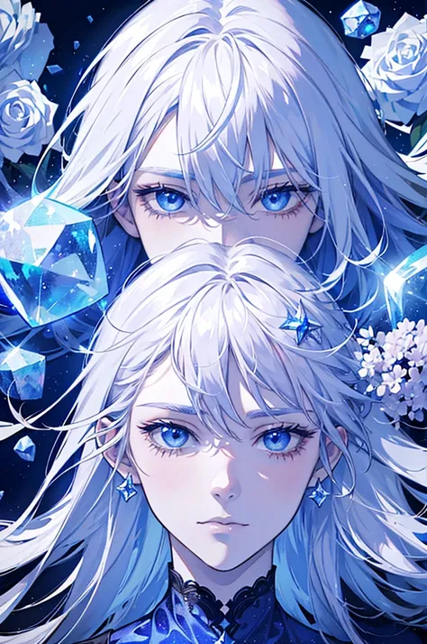 Man surrounded by crystal ice and frozen flowers, Silver hair and crystal blue eyes, with a diamond on his forehead. Have a ice and nature power. 