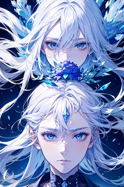 Man surrounded by crystal ice and frozen flowers, Silver hair and crystal blue eyes, with a diamond on his forehead. Have a ice and nature power. 