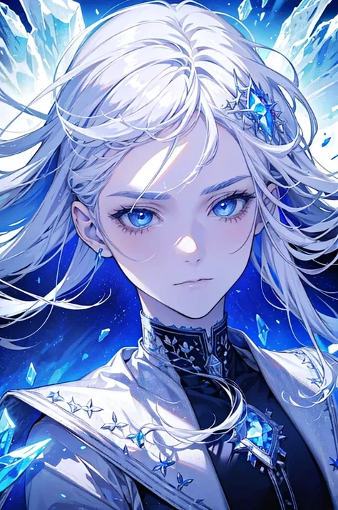 Man surrounded by crystal ice and frozen flowers, Silver hair and crystal blue eyes, with a diamond on his forehead. Have a ice and nature power. 