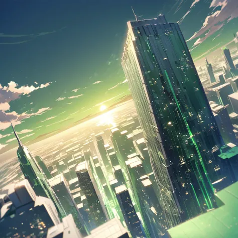 green, green sky, horizon, Above, High Sky, White skyscrapers towering into the sky