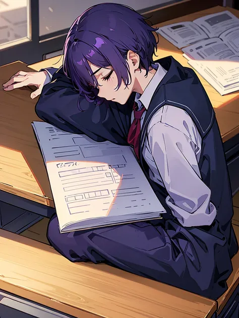 A boy with purple hair，Wearing school uniform，Lying on the desk and taking a nap