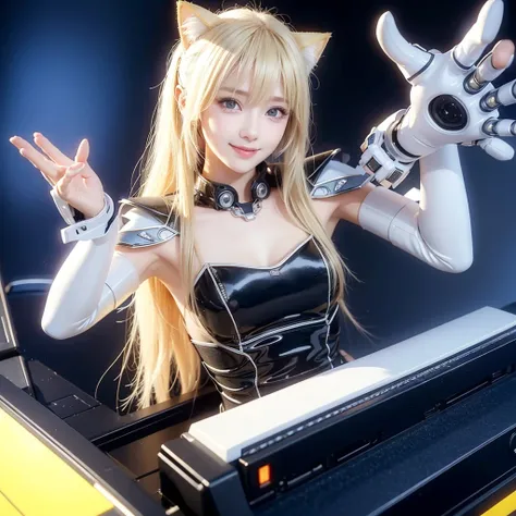 smile、Cat ear、Blonde、Futuristic、Cyber Sense、Left hand waving pose、Real、フォトReal、High resolution、Robot cockpit。