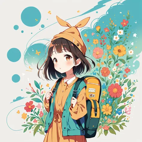 Fujichoco style, Standing in front of a high wall，Girl with backpack on rooftop，My backpack is full of happy spring，Simple Line Initialism，Abstract art，Urban Background, (((The most beautiful girl))),