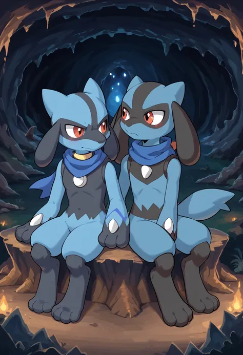 pokémon mystery explorers、riolu、blue scarf、sitting、bonfire、cave、night、speaking