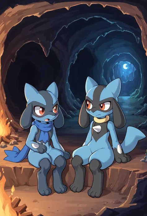 pokémon mystery explorers、riolu、blue scarf、sitting、bonfire、cave、night、speaking