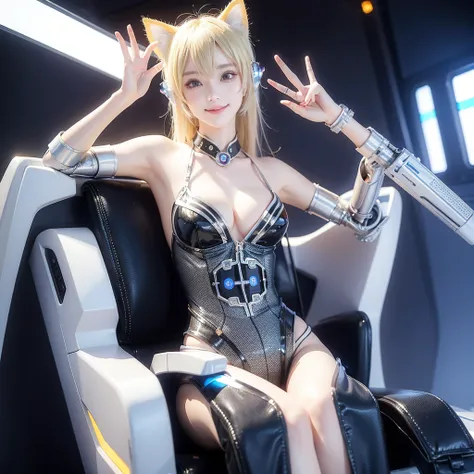 smile、Cat ear、Blonde、Futuristic、Cyber Sense、Peace sign with left hand、Real、フォトReal、High resolution、Robot cockpit。