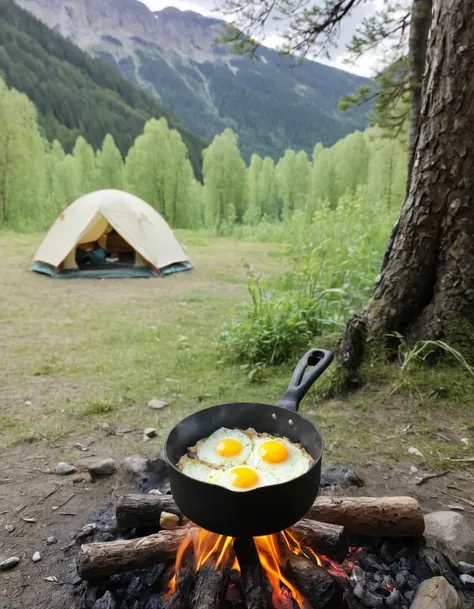 eggs are cooking on a pan on a campfire near a tent, camping, setting in nature, by dietmar damerau, 🚿🗝📝, by alexander bogen, by...