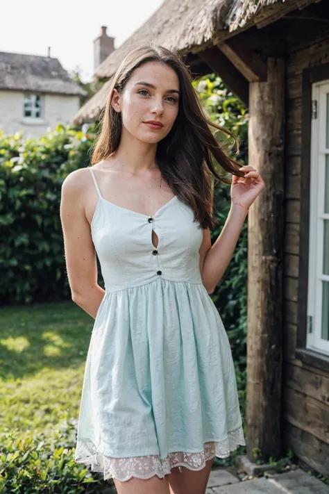 A beautiful woman with light delicately filtering through her hair, her summer dress is beautiful and shes standing in front of a cottage