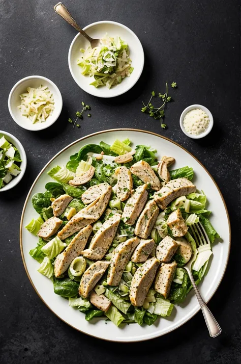 Photo for the Caesar salad menu with chicken on a dark background 