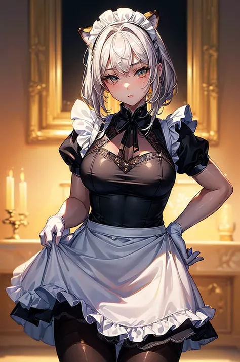 ((highest quality)),(ultra high resolution),(Super detailed),(detailed description),((best CG)),(best work of art),super precision art, great drawing art,(Art with precise details:1.5), ( simple black form-fitting maid uniform with a white apron and sheer ...