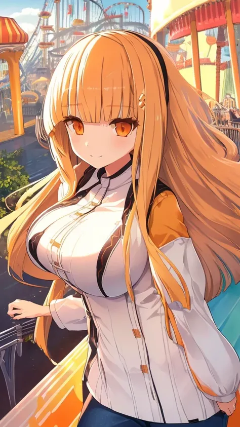 best quality, extremely detailed,anime style girl,((wavy)) long hair,((((blunt bangs)))),(hair between eyes),bright blond hair,beautiful detailed eyes,Orange eyes,Sharp eyes with many eyelashes,huge breasts,(((casual clothing))),short pants,trousers,hair o...