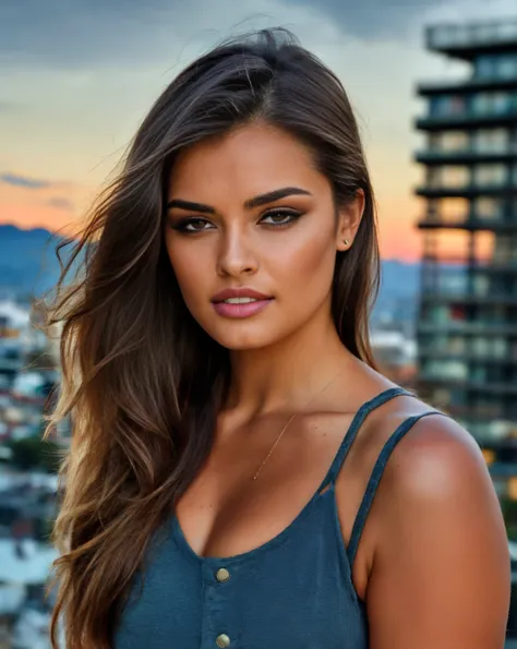 portrait photo of a beautiful curvy brunette Mexican supermodel. portrait photo of a beautiful curvy young woman, with a seductive look (pursed lips) with arms spread. she has large breasts. overlooking Mexico in the background at night. (sexy yellow and r...