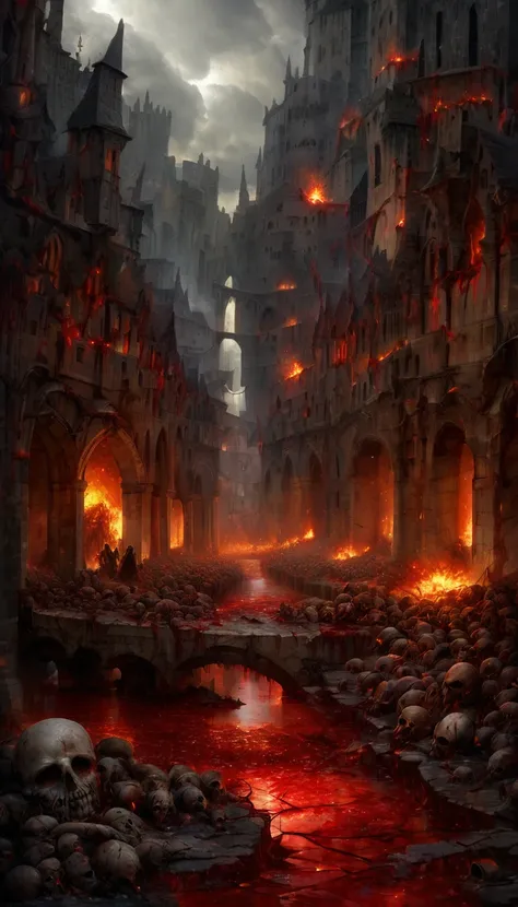 Create a realistic abstract fantasy landscape of a medieval city. The scene is dark and mysterious, with a predominance of dark shades and deep reds. Streams of blood flow through the streets, with organs scattered around and piles of bodies, primarily hum...