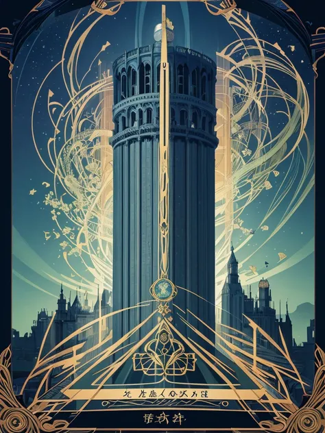 tarot card, genshin impact, Detailed and striking illustration of the Tower Tarot card, with a full tarot card frame and the text "THE TOWER" on the card, highly detailed, intricate patterns, radiant energy, dramatic shadows, vibrant colors.