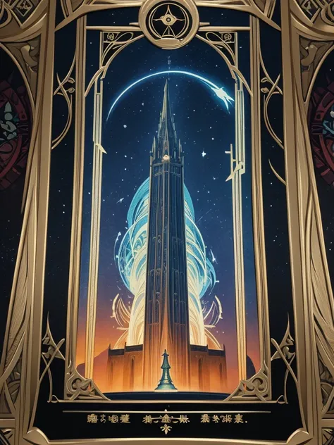 tarot card, genshin impact, Detailed and striking illustration of the Tower Tarot card, with a full tarot card frame and the text "THE TOWER" on the card, highly detailed, intricate patterns, radiant energy, dramatic shadows, vibrant colors.