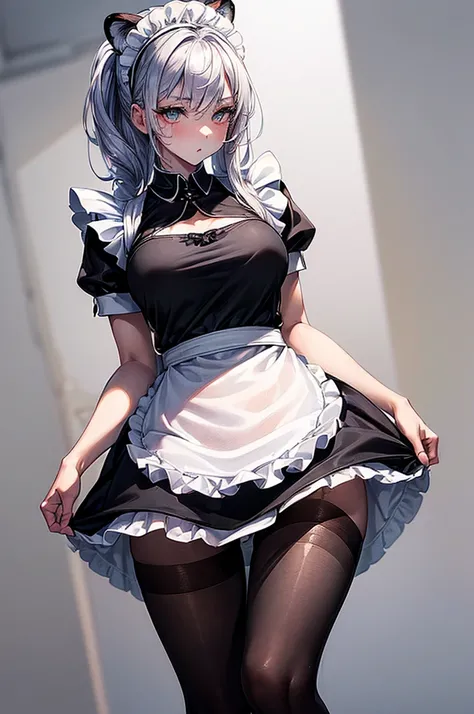 ((highest quality)),(ultra high resolution),(Super detailed),(detailed description),((best CG)),(best work of art),super precision art, great drawing art,(Art with precise details:1.5), ( simple black form-fitting maid uniform with a white apron and sheer ...