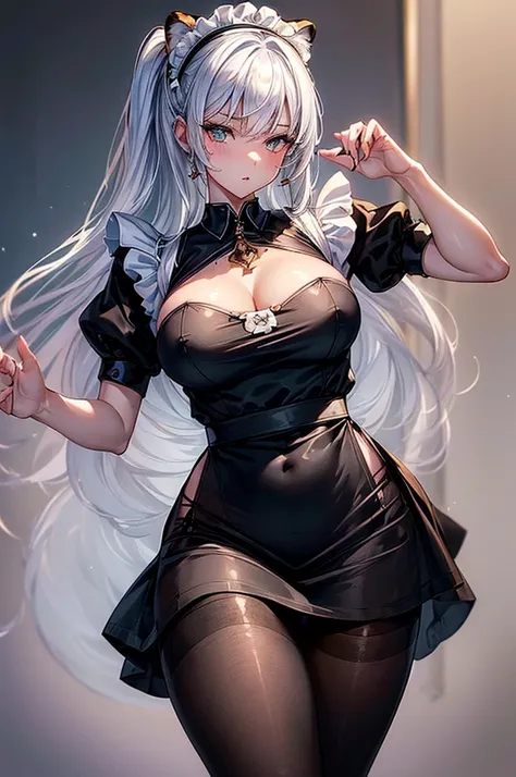 ((highest quality)),(ultra high resolution),(Super detailed),(detailed description),((best CG)),(best work of art),super precision art, great drawing art,(Art with precise details:1.5), ( simple black form-fitting maid uniform with a white apron and sheer ...