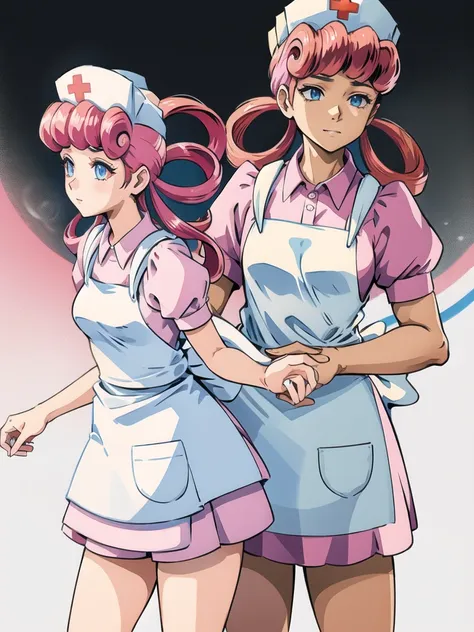 nurse joy (pokemon), hair rings, cap, pink hair, apron, cowboy shot, white background