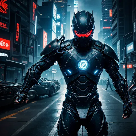 "Create a dynamic and intense scene featuring a cybernetic human ninja clashing with a formidable, larger cybernetic martial artist. The ninja, agile and sleek, wields a sword in each hand, their futuristic battle armor glinting under the neon lights of th...