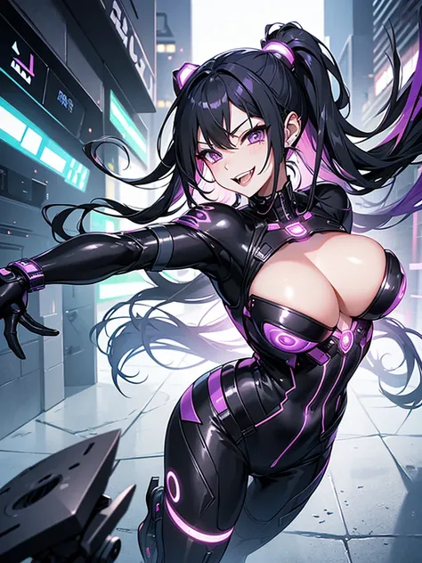 woman、Early 20s、cyber punk、Wicked Smile、Black Hair、Long Hair、Multicolored Hair、Purple Eyes、breast enhancement、sexy、sexyなポーズ、Tight combat suit、R-18