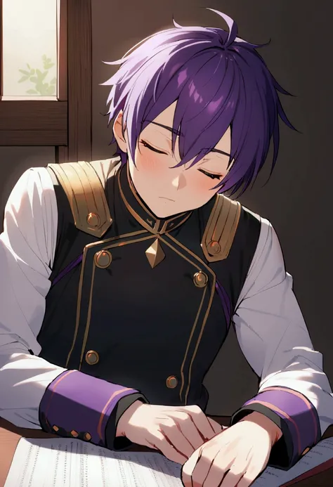 1 man with short purple hair,Around 17 years old，juvenile，Uniforms，Sleeping face，Sleeping on the desk，rest，From the tablemate&#39;s perspective