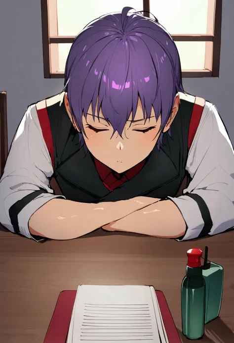 1 man with short purple hair,Around 17 years old，juvenile，Uniforms，Sleeping face，Sleeping on the desk，rest，From the tablemate&#39;s perspective