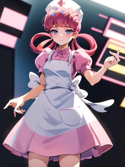 nurse joy (pokemon), hair rings, cap, pink hair, apron, cowboy shot, white background