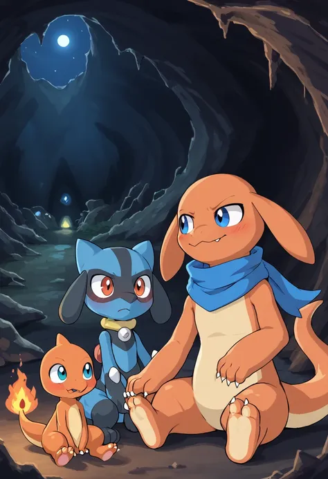 Pokémon Mystery Explorers、Riolu and Charmander、Blue scarf、sitting around the bonfire、、cave、night、speaking