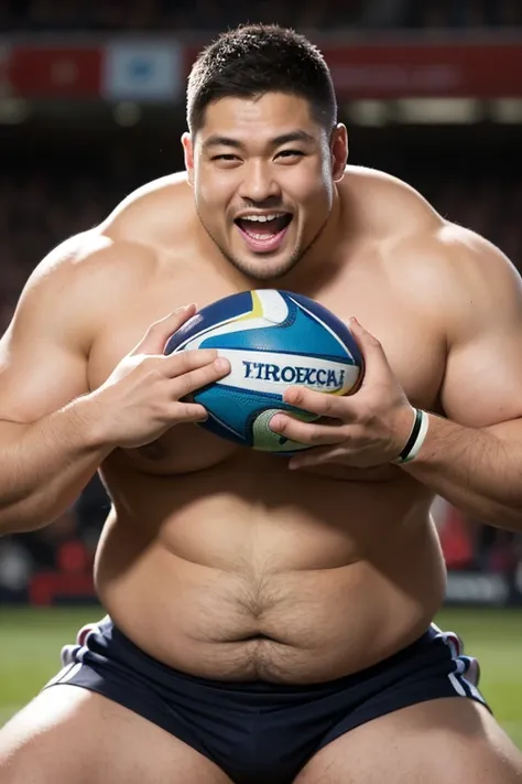 ((highest quality)), ((masterpiece)), (detailed), ((Perfect Face)), 4k, Shaved head, Young Japanese, Muscular, Fat body, Very big man, smile, ((showing off crotch)) A large Japanese man shirtless、whole body、Rugby player、Thick legs、Thick arm muscles、Intimid...