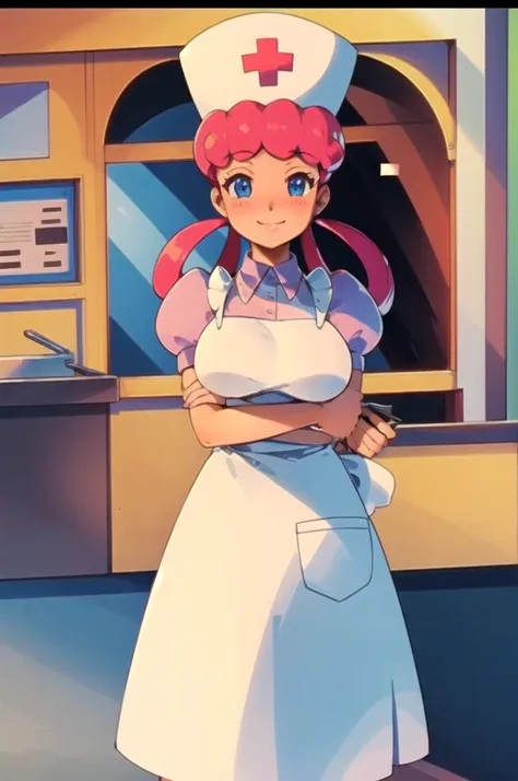 (masterpiece, Highest quality:1.2), nurse joy, Pokemon, blue eyes, Mouth closed, Long Hair, Pink Hair, Short sleeve, nurse, blush, Holding, puffy Short sleeve, Large Breasts, Puff sleeves,  nurse cap, One girl, View your viewers, smile, alone, Have, dress,...