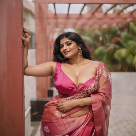 a woman in a pink sari posing for a picture, candid photography, candid picture, dressed in a sari, with a seductive smile, trad...