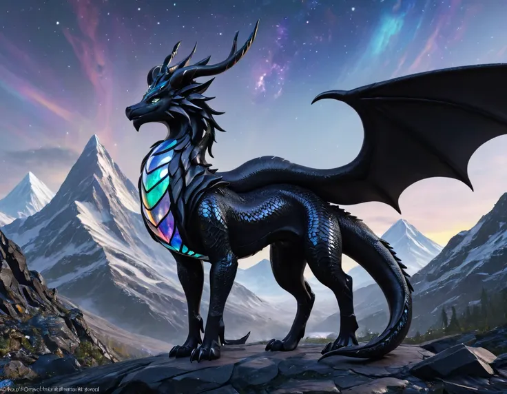 full body portrait of a realistic female obsidian dragon, opal scales, white opal eyes, universe in the scales, huge, long body,...