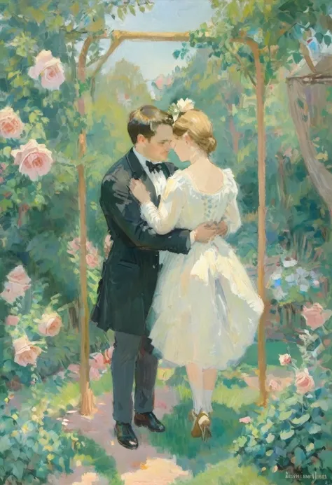 oil painting of handsome couple of hunk irish mens with a wedding suits,cuddling,in a beautiful rose swing,morning bright, warm vibrant,by beatrix potter,soft shadows,dreamy,etheral atmosphere,masterpiece,baroque,masterpiece,sharp details,massive level of ...