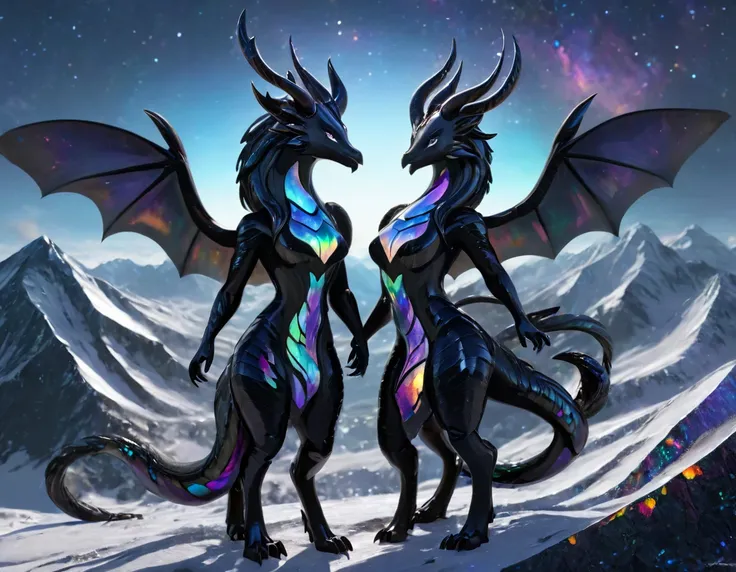 full body portrait of a realistic female obsidian dragon, opal scales, white opal eyes, universe in the scales, huge, long body,...