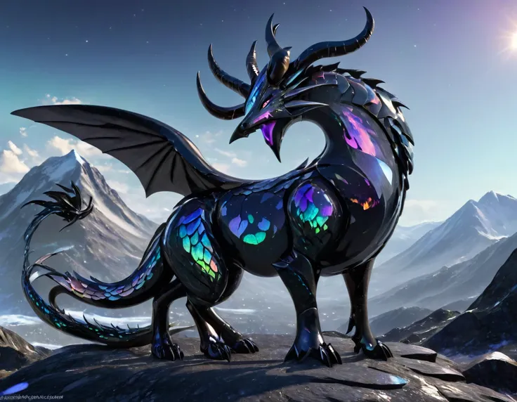 full body portrait of a realistic female obsidian dragon, opal scales, white opal eyes, universe in the scales, huge, long body,...