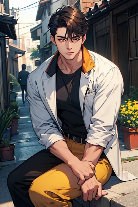 a(absurdres, highres, ultra detailed),  males, handsome, tall muscular guys, very short hair, best ratio four finger and one thumb, best light and shadow, background is  a Seoul 1970s neighborhood back alleyback alley, detasiled sunlight, sitting, Little c...