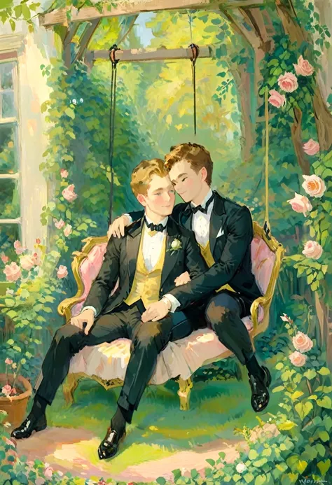 oil painting of handsome  gay couple of hunk irish mens with a wedding suits,cuddling,in a beautiful rose swing,morning bright, warm vibrant,by beatrix potter,soft shadows,dreamy,etheral atmosphere,masterpiece,baroque,masterpiece,sharp details,massive leve...