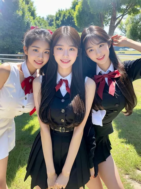 (a super cute korean high school girl takes a photo with two close friends from her class..2)(grin,smile)(beautiful sweat:1.1)(1...