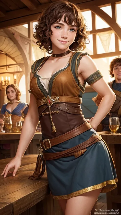 Stunningly beautiful, adult halfling girl, halfling, handsome, halfling female, brunette short curly hair, many freckles, in a fantasy tavern, high cheekbone, smiling, full body portrait, detail love, good quality, colourful, highly detailed, soft light