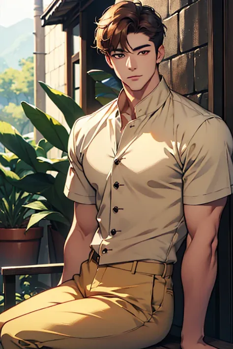 handsome males,solo,muscle,(absurdres, highres, ultra detailed), males, handsome, tall muscular guys, very short hair, best ratio four finger and one thumb, best light and shadow, background is a Seoul 1970s neighborhood back alleyback alley, detasiled sun...