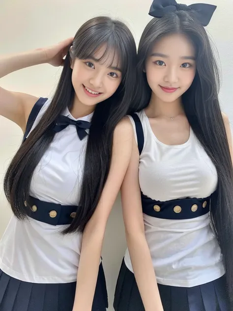 (Super cute Korean high school girls duo take a photo back to back 1.2)(grin,Smile)(Beautiful Sweat:1.1)(16K, RAW Photos, Highest quality, masterpiece: 1.2),(Shiny black hair) Super detailed, Super Resolution, (Genuine, Genuine photos: 1.37), Portraiture, ...