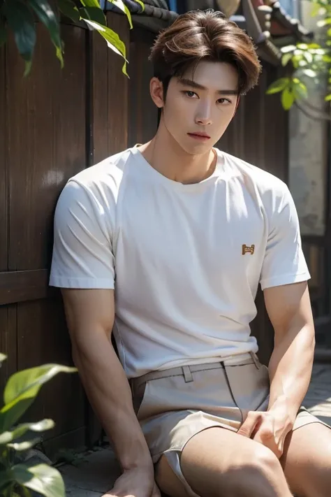 handsome males,solo,muscle,((absurdres, highres, ultra detailed), males, handsome, tall muscular guys, very short hair, best ratio four finger and one thumb, best light and shadow, background is a Seoul 1970s neighborhood back alleyback alley, detasiled su...