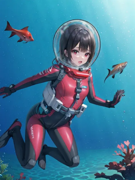 black hair, red eyes, eva helm, bubble helmet, space helmet tongue out, drooling,1girl, short hair, solo, looking at viewer, rea...