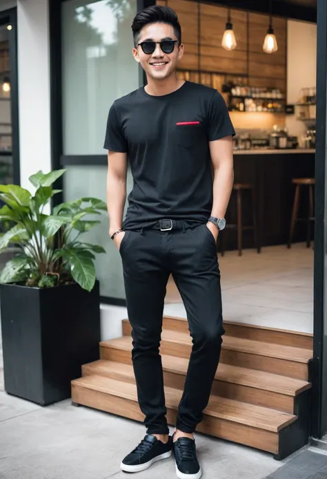 realistic photo 1:4)) 22 year old indonesian young man, handsome asian from indonesia wearing sunglasses,wearing a black t-shirt...